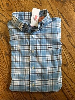 Vineyard Vines Boys Light Blue & White Plaid Button-Down Shirt